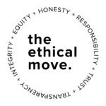 The Ethical Move logo in [white on black] [with values in a circle outline: Honesty, Responsibility, Trust, Transparency, Integrity, Equity]. Links to theethicalmove.org